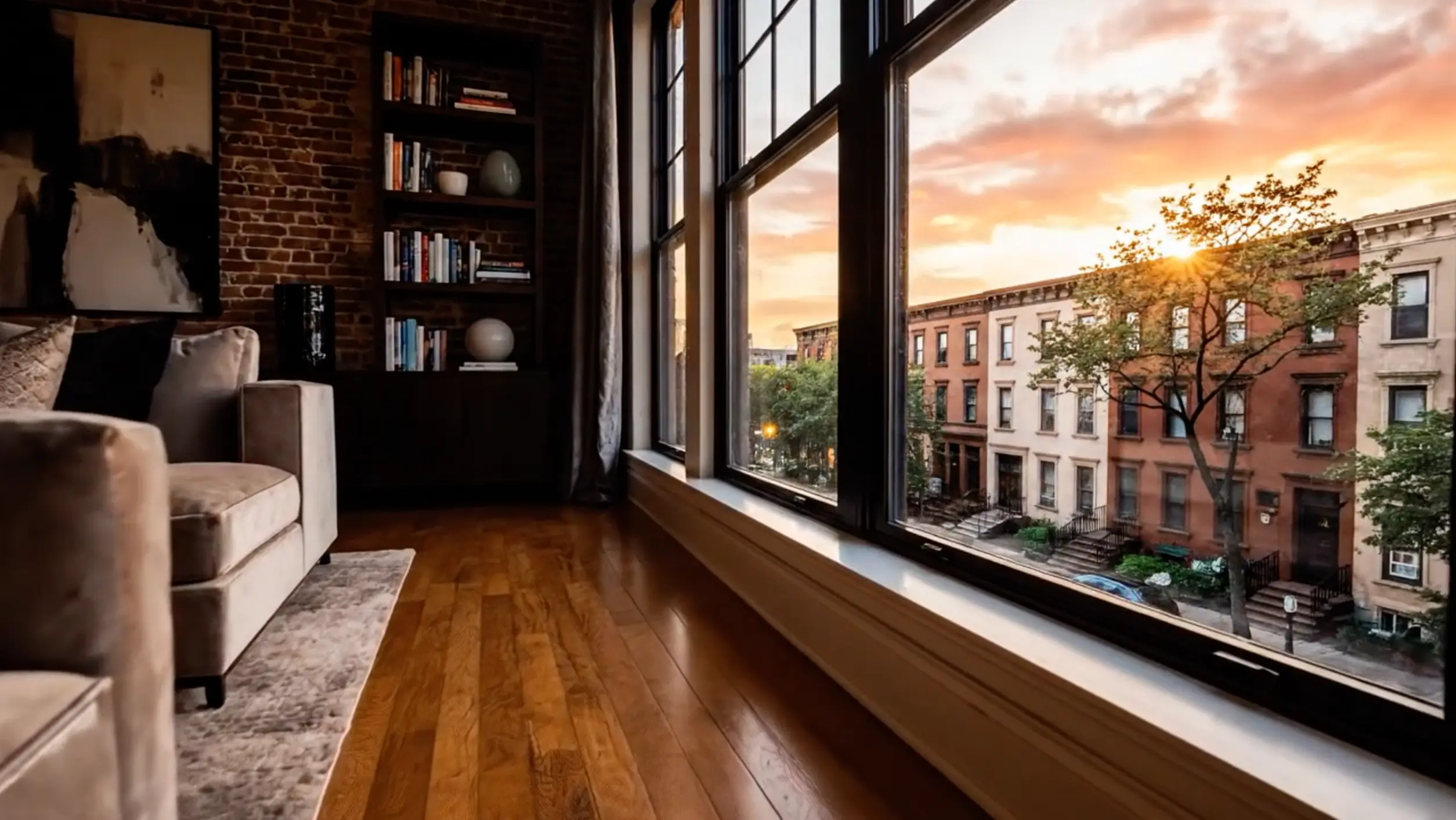 Bed-Stuy Suite interior with large windows overlooking Brooklyn brownstones at golden hour