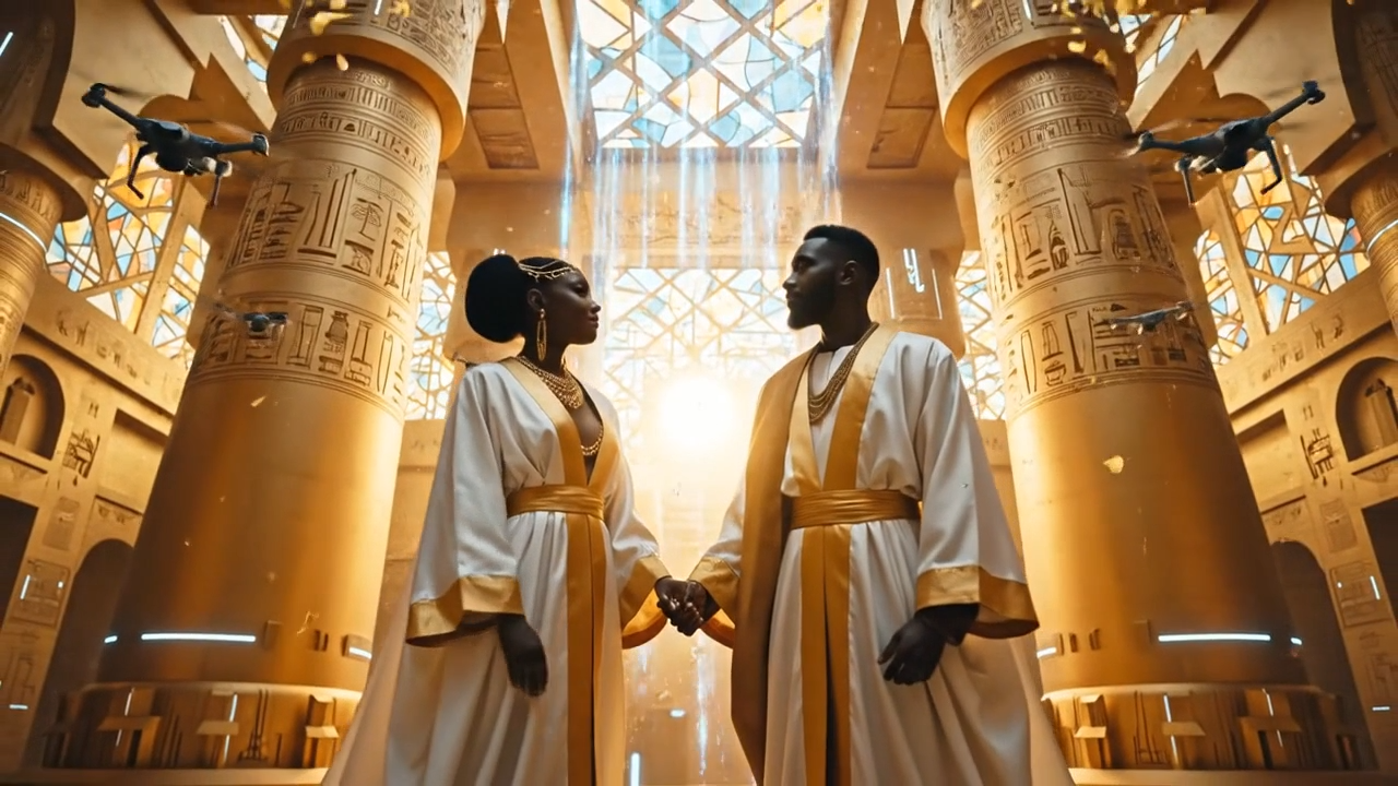 Two people in white and gold robes in an Egyptian-inspired temple with hieroglyphic columns and drones hovering above