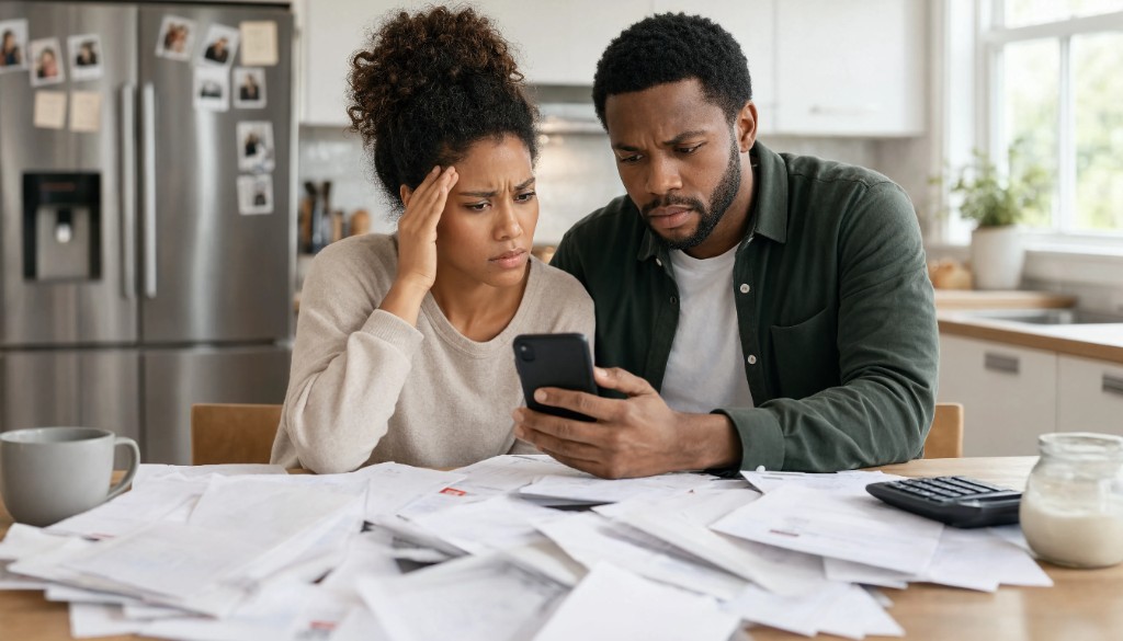 A couple reviewing bills on a phone at their kitchen table
