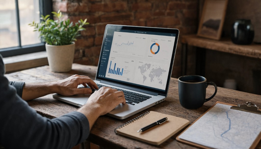 A laptop on a desk showing analytics and performance charts